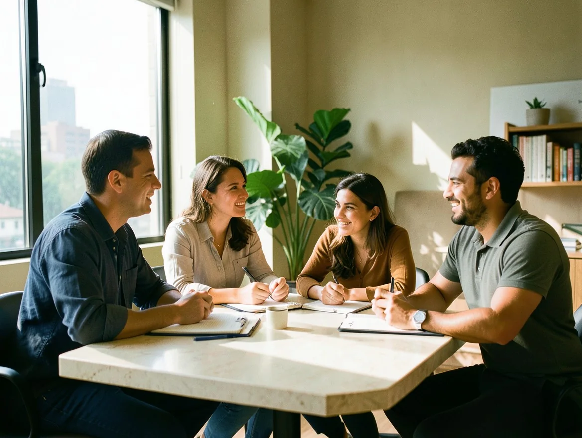 Personas conversando alrededor de una mesa en un espacio luminoso